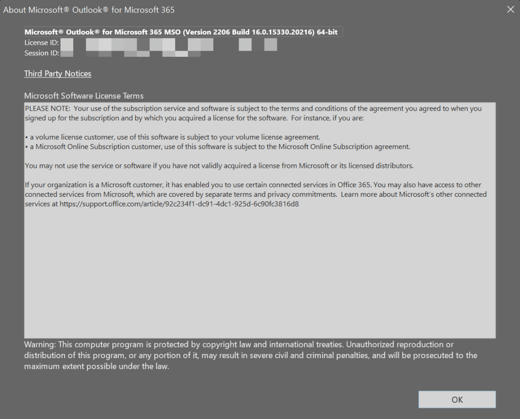 About Microsoft Outlook Window