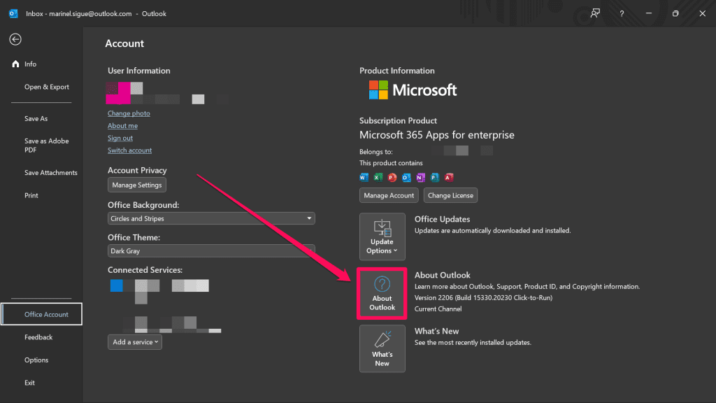 About Outlook Button Under Office Account Tab