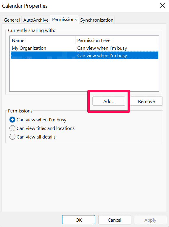 Add Button in Calendar Properties Dialog Box