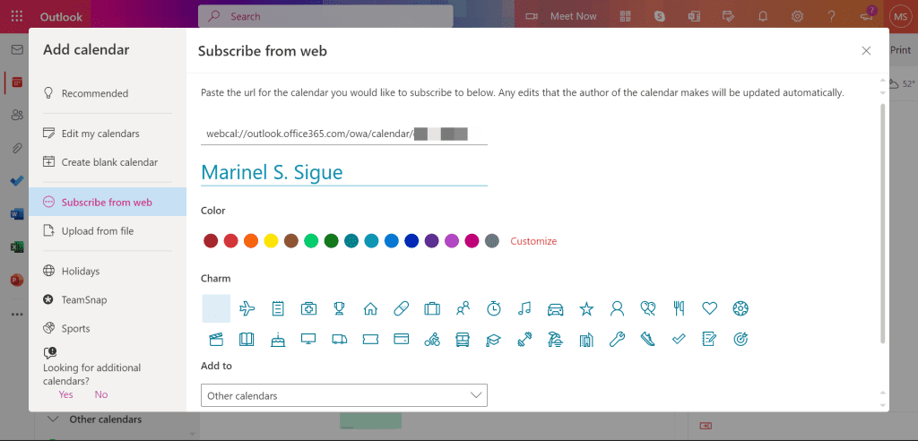Add Calendar Dialog Box in Outlook Web App