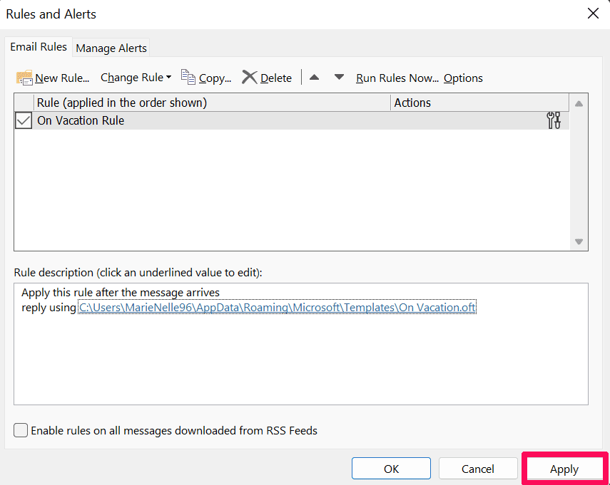Apply Button on Rules and Alerts Window