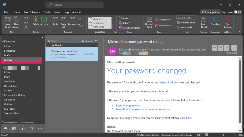 Archived Email in the Archive Folder in Outlook Desktop