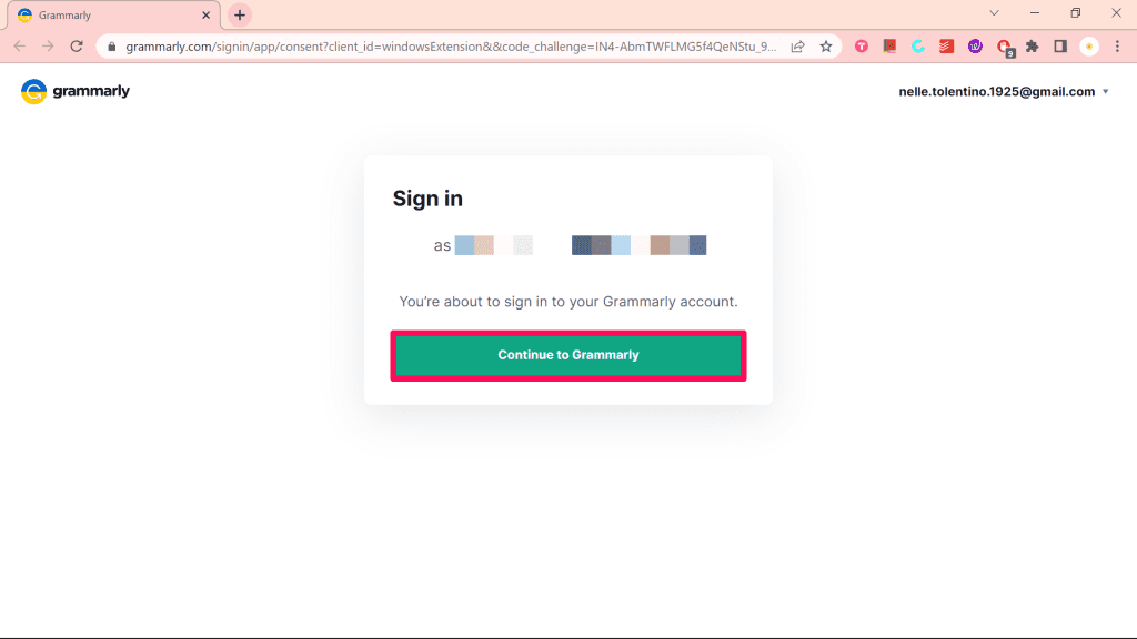 Continue to Grammarly Button on Browser