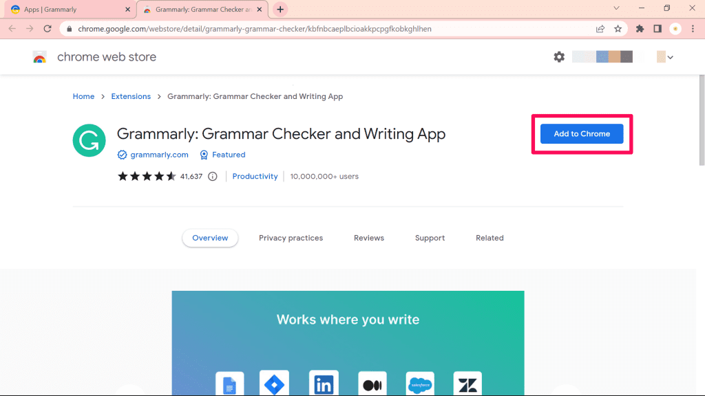 Grammarly Add to Chrome Button on Chrome Web Store