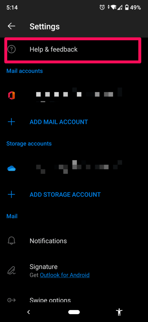 Help & Feedback Button on Outlook Mobile App