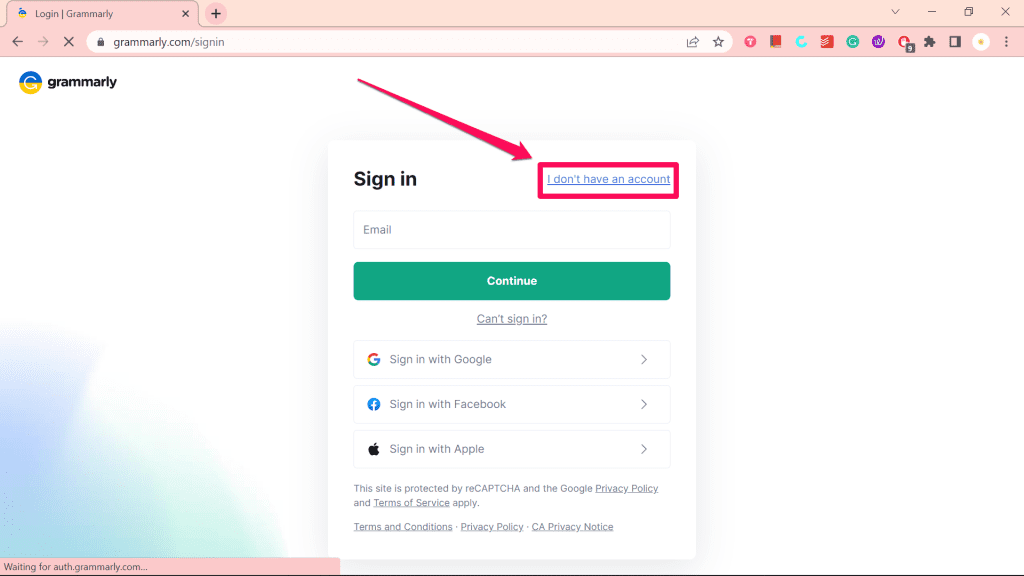 I Don't Have an Account Button in Grammarly Sign In Page