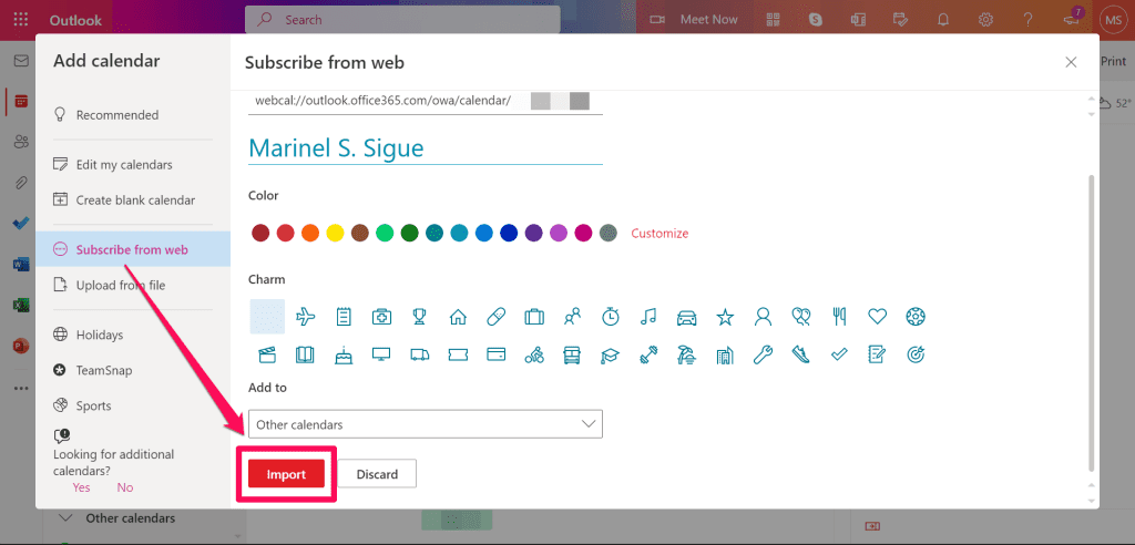 Import Bitton in Add Calendar Dialog Box