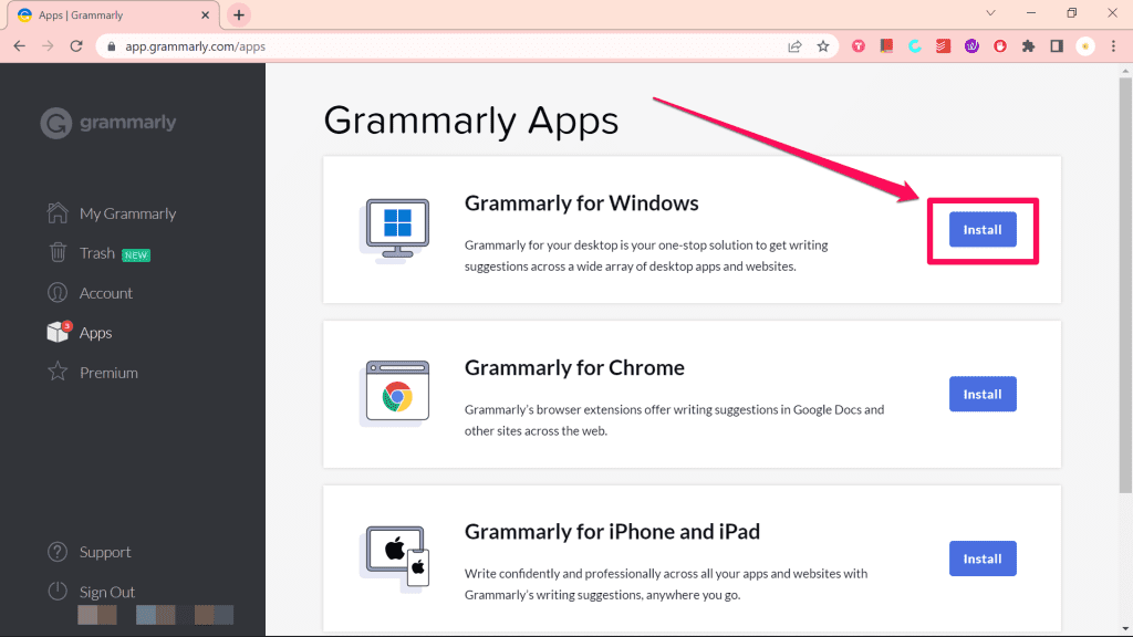 Install Button for Grammarly for Windows