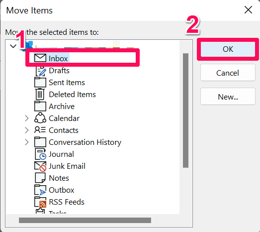 Move Items to Inbox Dialog Box