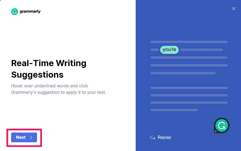 Next Button on Grammarly Desktop App
