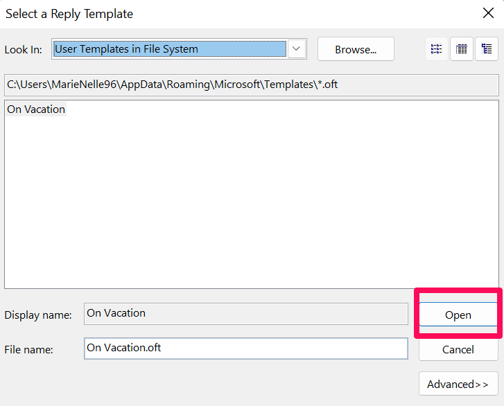 Open Button in Select a Ready Template Window