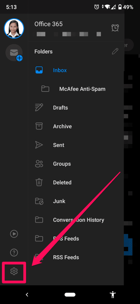 Settings Icon on Outlook Mobile App
