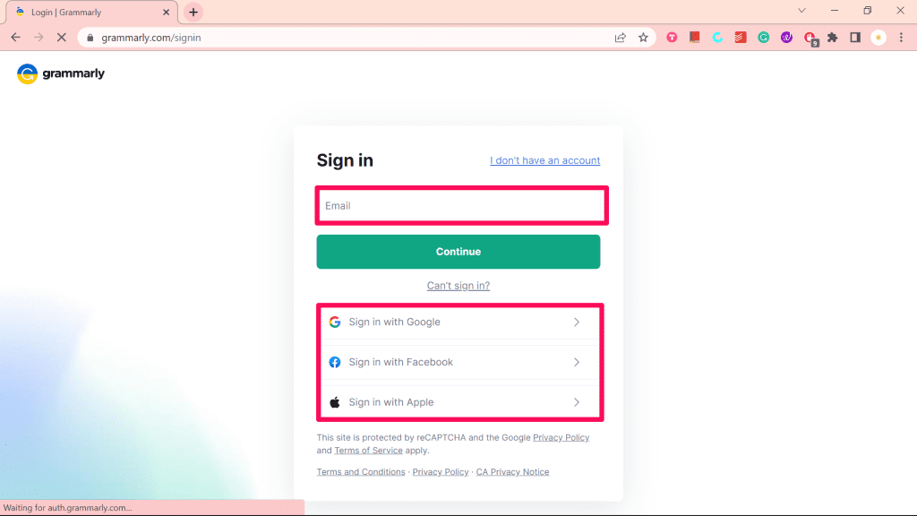 Sign In Options on Grammarly Sign In Page