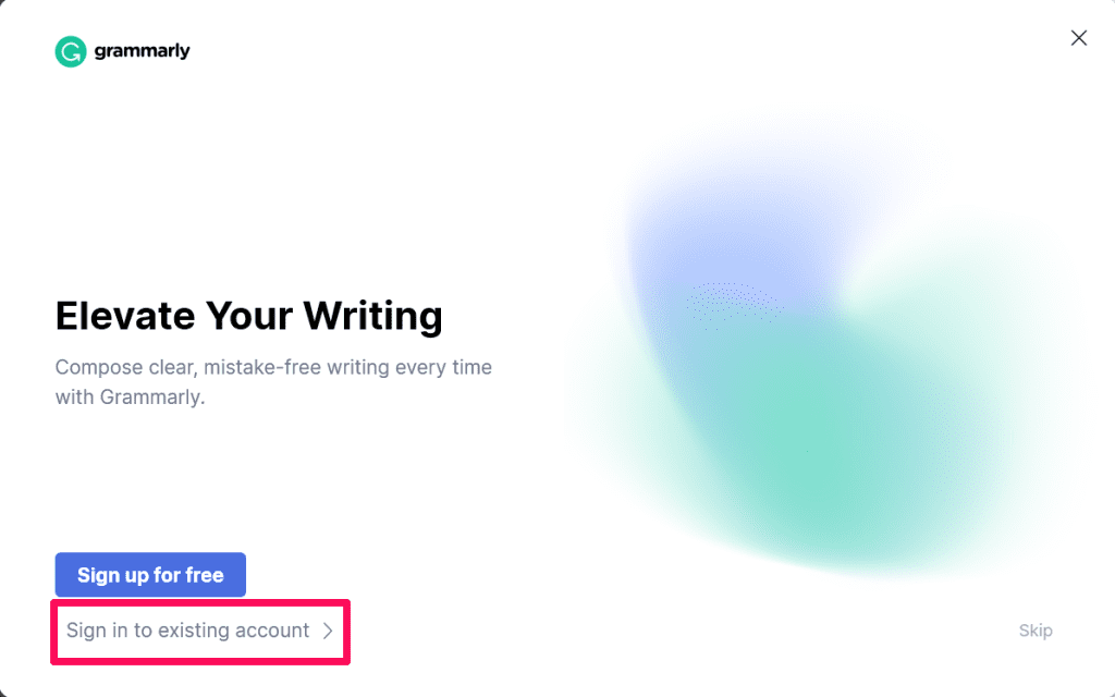 Sign In to Existing Account Button on Grammarly Desktop App
