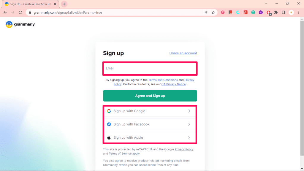 Sign Up Options on Grammarly Sign Up Page