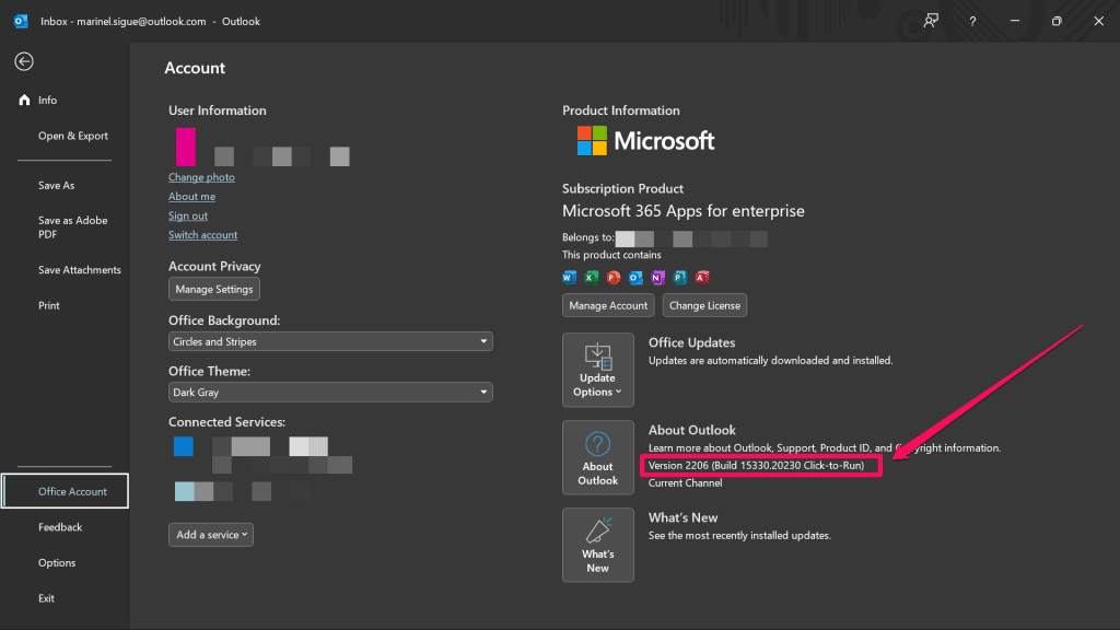 Version Number on Outlook Desktop