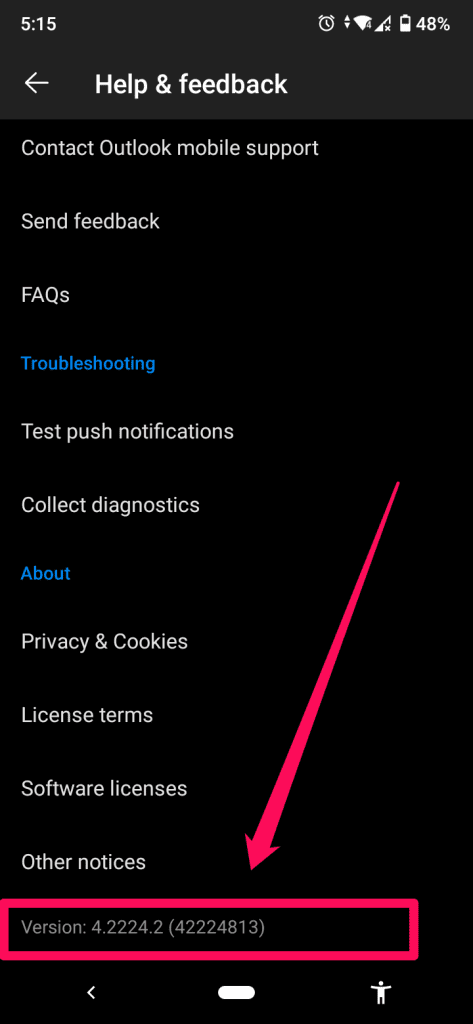 Version Number on Outlook Mobile App
