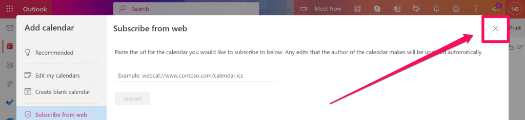X Button in Add Calendar Dialog Box